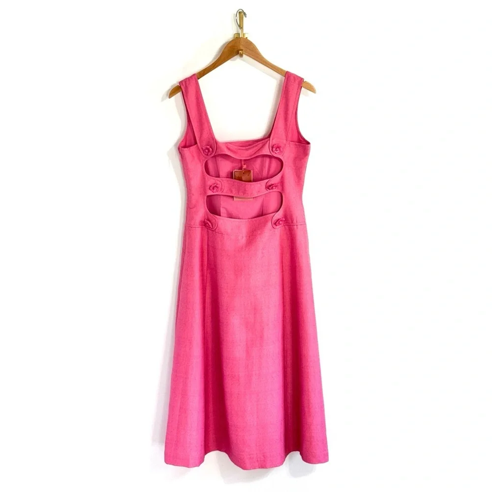 NWT Cult Gaia Midi Pink Linen-Blend Leigh Open-Back Dress - Picture 7 of 9